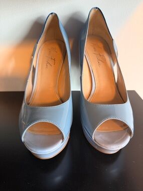 Marc Fisher Powder Blue Patent Peep-Toe Platform Pumps